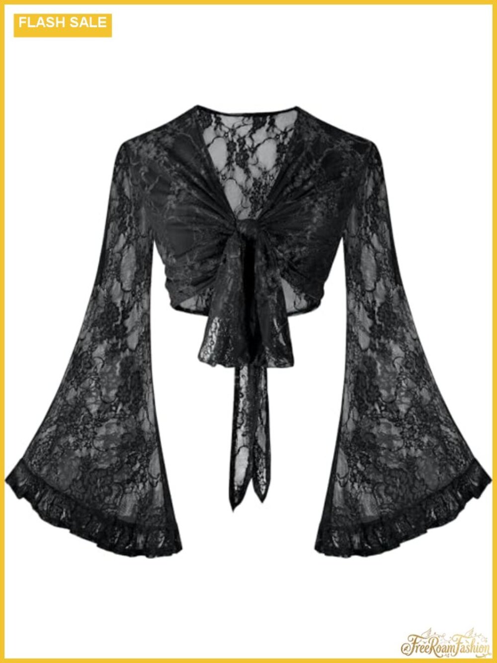 Boho Floral Lace Crop Top - Bell Sleeve Tie Front Blouse